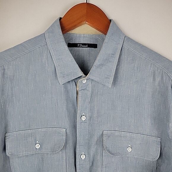 7 Diamonds Cowboys & Angel Shirt Men Medium Linen Slub Elbow Patch Contrast Cuff - Picture 4 of 15